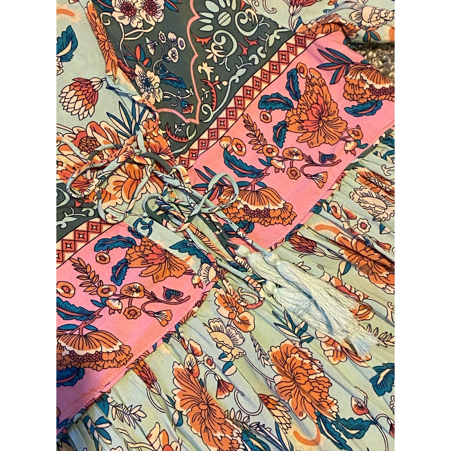 Pink & Blue Patchwork Style Striped Floral Print Long Sleeve Babydoll Dress (4/6)
