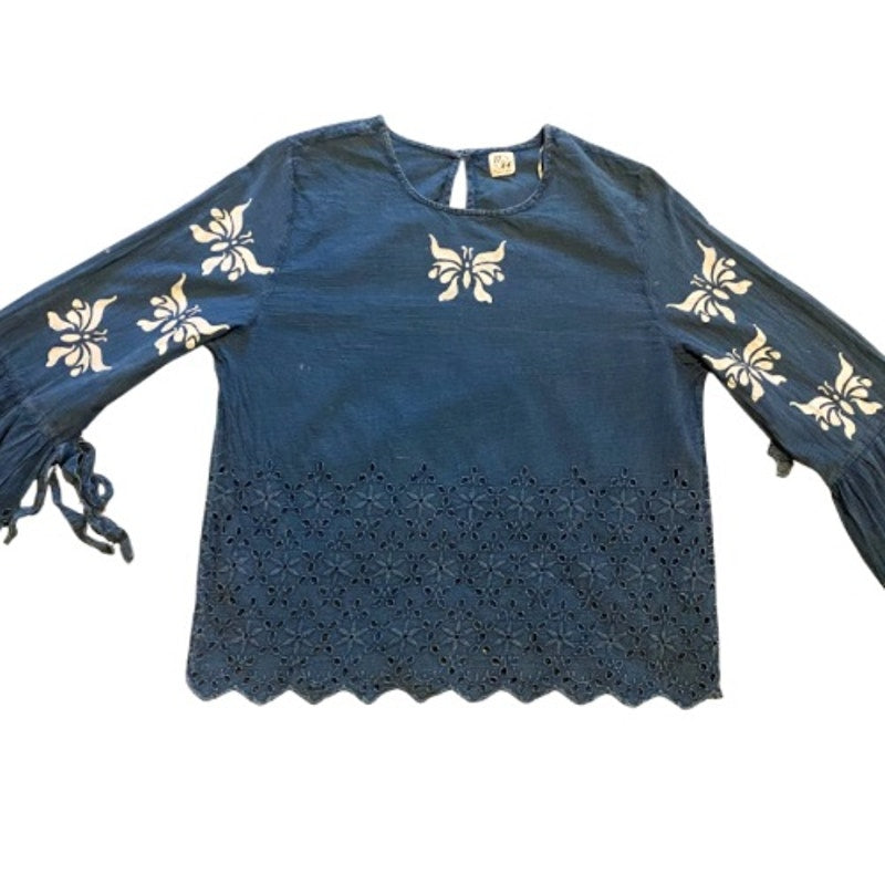 Breezy Indigo Blue & White Butterfly Bell Sleeve Lace Hem Cotton Blouse (M)