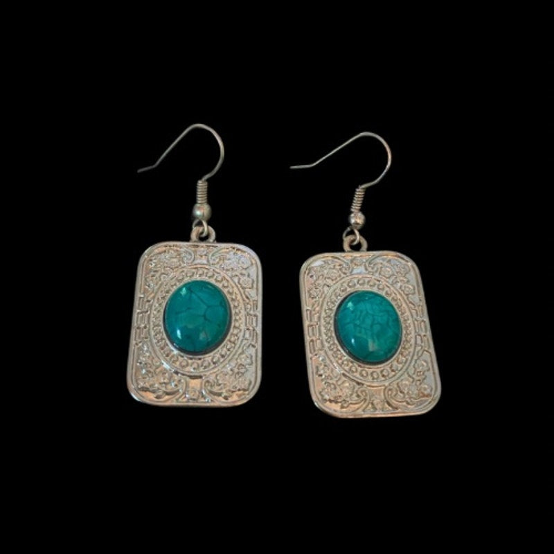 Southwestern Style Floral Etched Costume Silver & Mock Turquoise Rectangle Pendant Necklace & Drop Earring Set