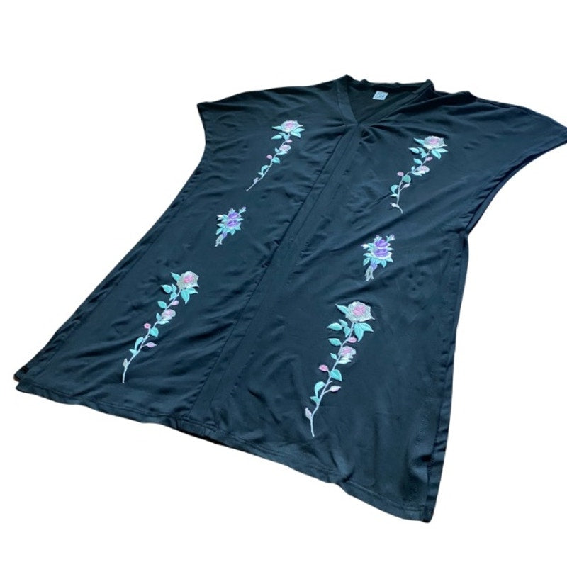 Upcycled Pastel & Silver Rose Vintage Patch Embellished Black Tunic (L)