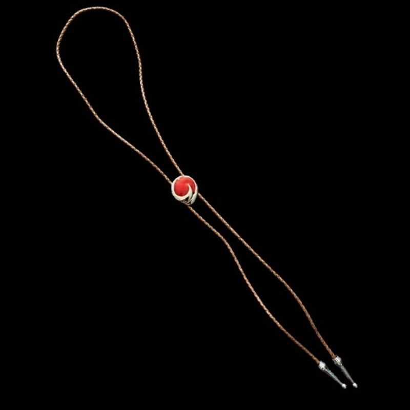 Red & Silver Swirl Camel Brown Leather Cord Bolo Tie