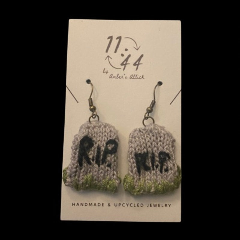 “R.I.P.” Grassy Tombstone Earrings | Handknit with Cotton Thread