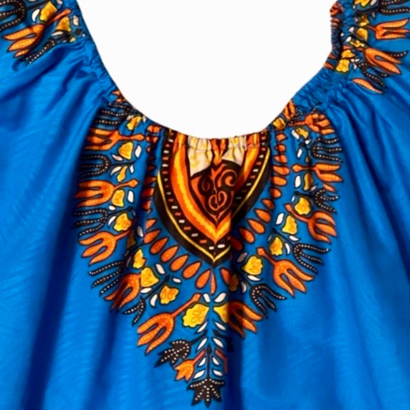 Off Shoulder Breezy Blue/Orange Ankara Dashiki Print Blouse (Fits up to 2X)