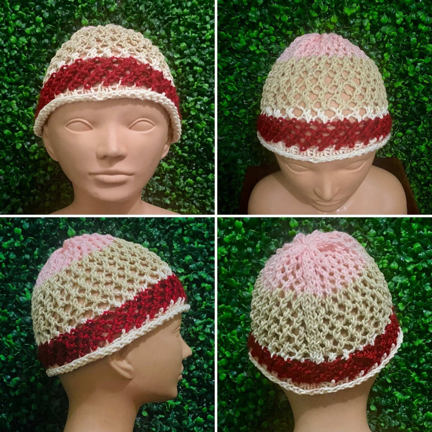 Pink/Tan/Red/Cream Colorblock Retro Style Knit Mesh Skull Cap (S/M)