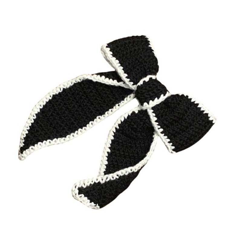 Black Crochet Bow with Cream Trim - Handmade Accessory with Removable Clip