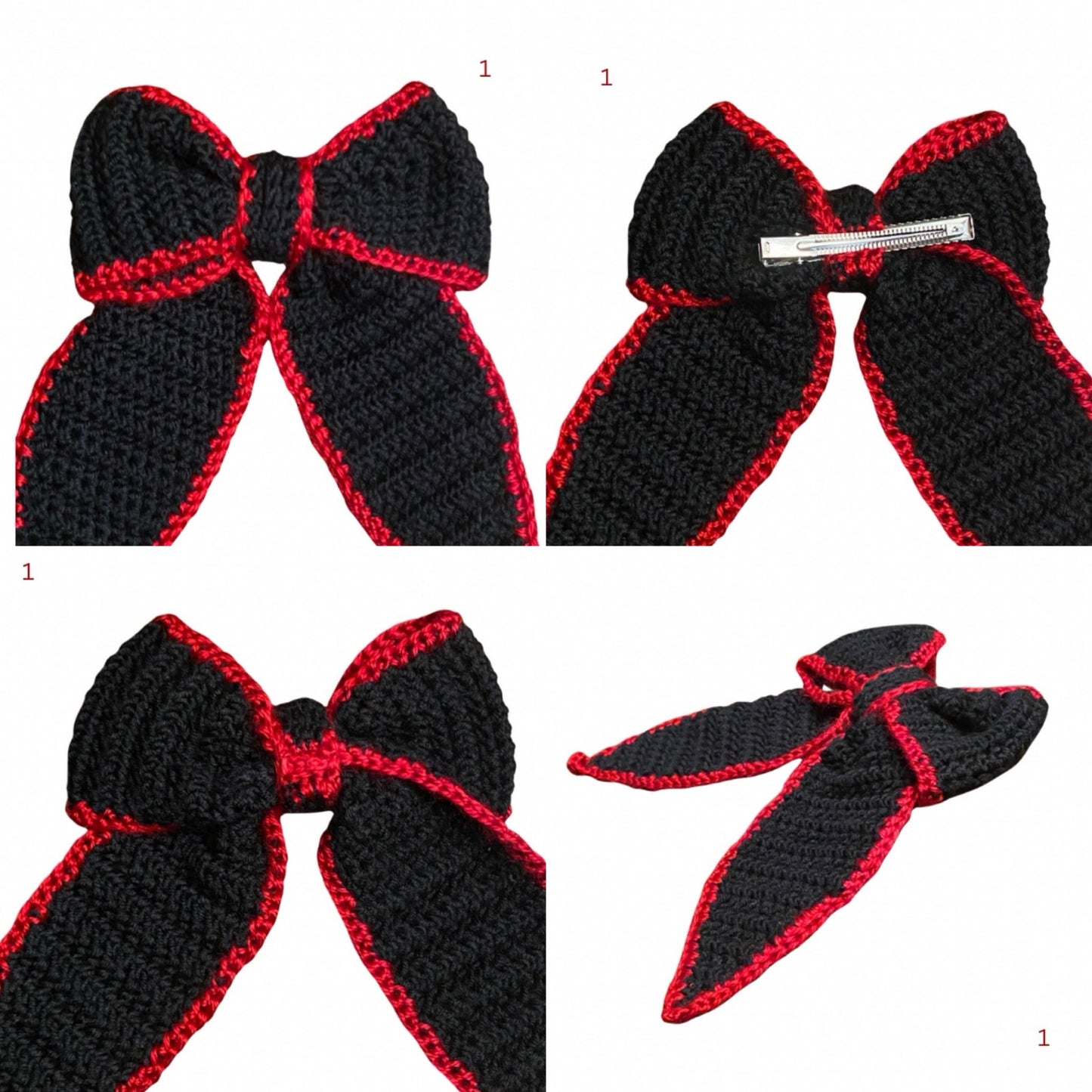 Black Crochet Bow with Red Trim - Handmade Accessory with Removable Clip