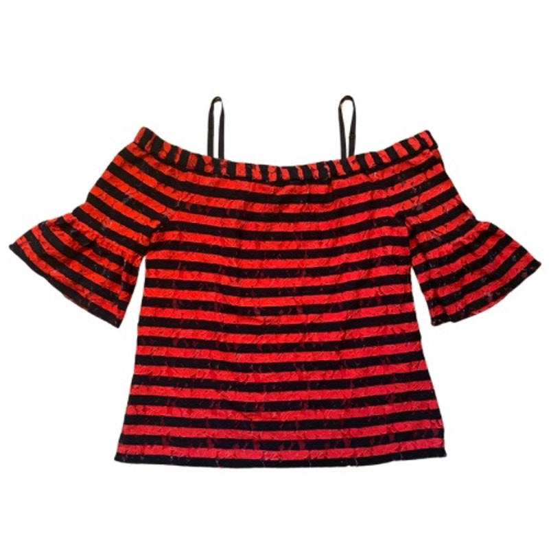 Black and Red Striped Floral Lace Off Shoulder Blouse (M)