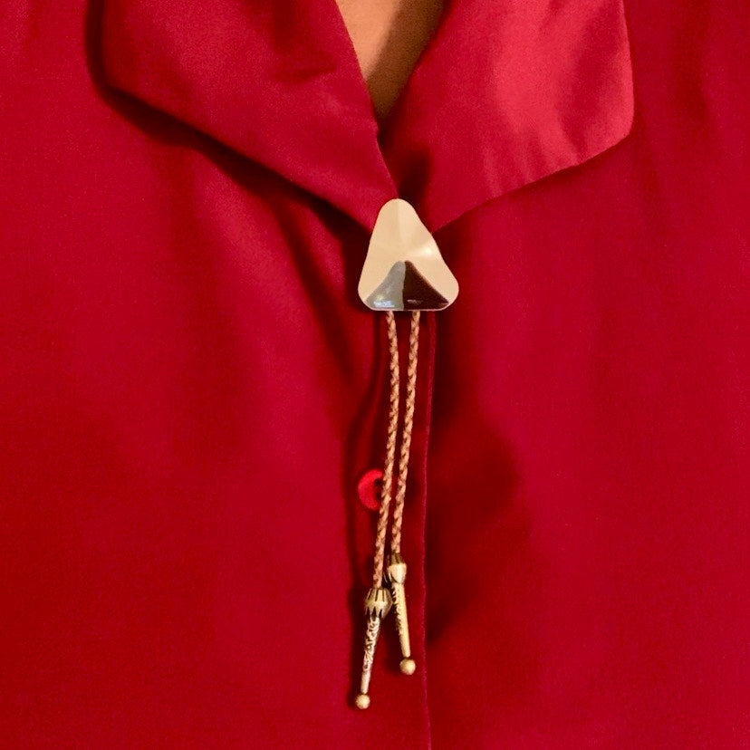 Abstract Cream/Grey/Dark Purple Triangle Camel Brown Leather Cord Bolo Tie