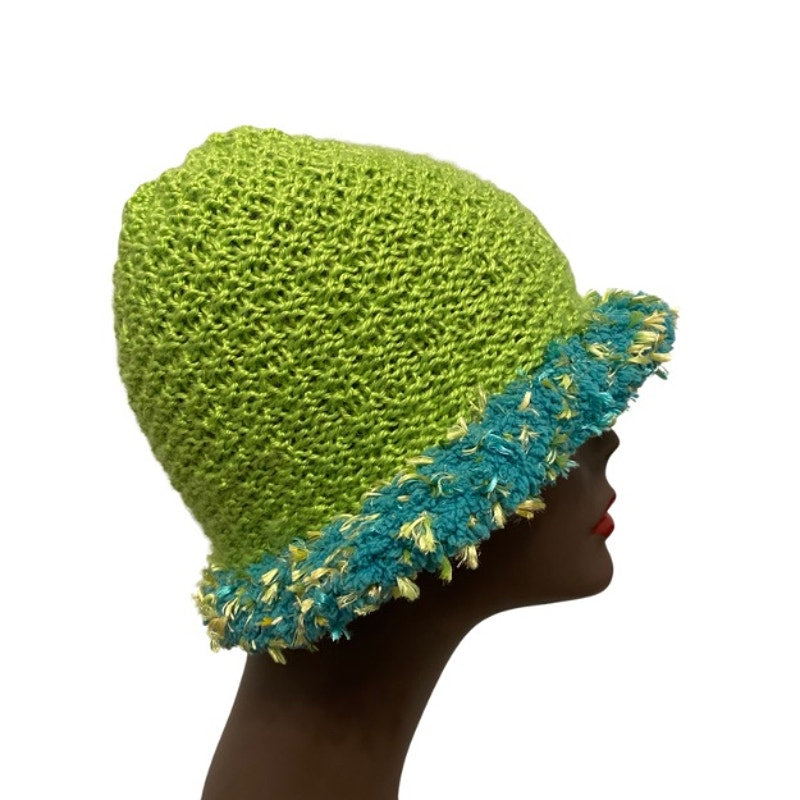 Mossy Lime Green & Teal Fuzzy Trim Bucket Hat (L)