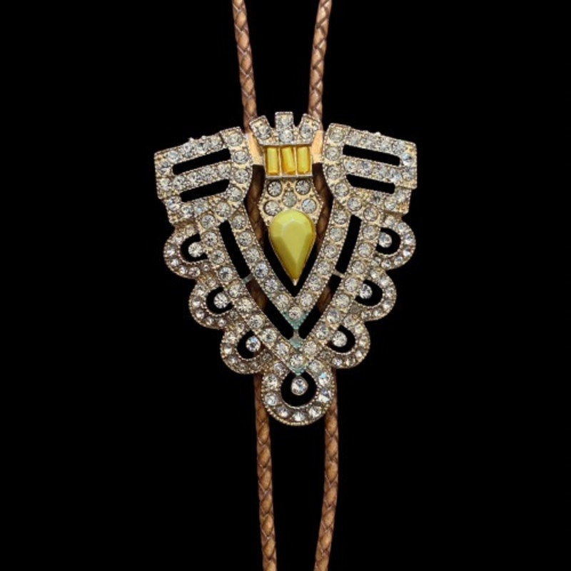 Art Deco Mock Yellow Topaz & Rhinestone Studded Triangle Camel Brown Leather Cord Bolo Tie