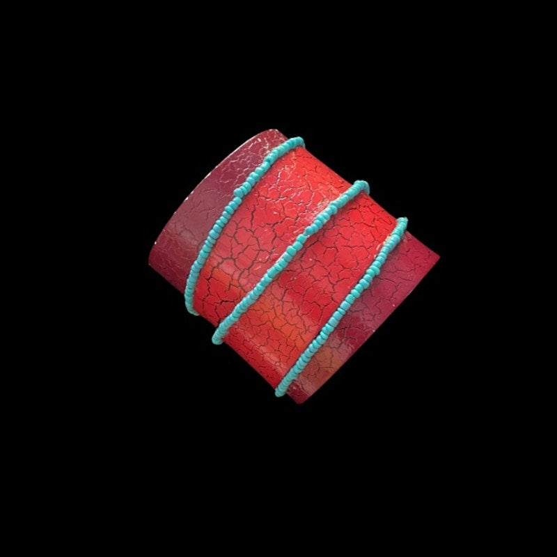 Upcycled Vintage Turquoise Beaded Red & Magenta Pleather Cuff Bracelet