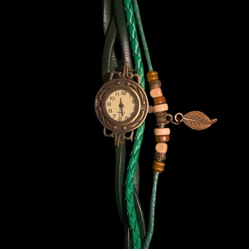 Earthy Green Leather Watch Bracelet with Wood Beads Bronze Feather Charm