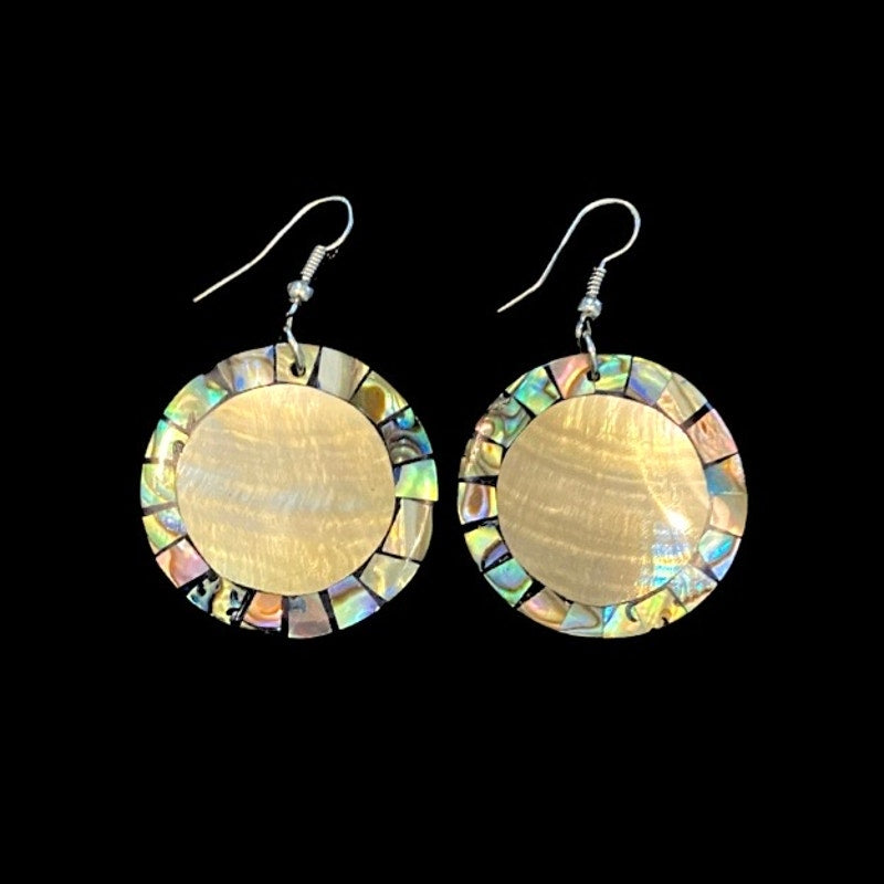 Mother of Pearl & Abalone Shell Mosaic Disc Drop Earrings Black/Rainbow Prism