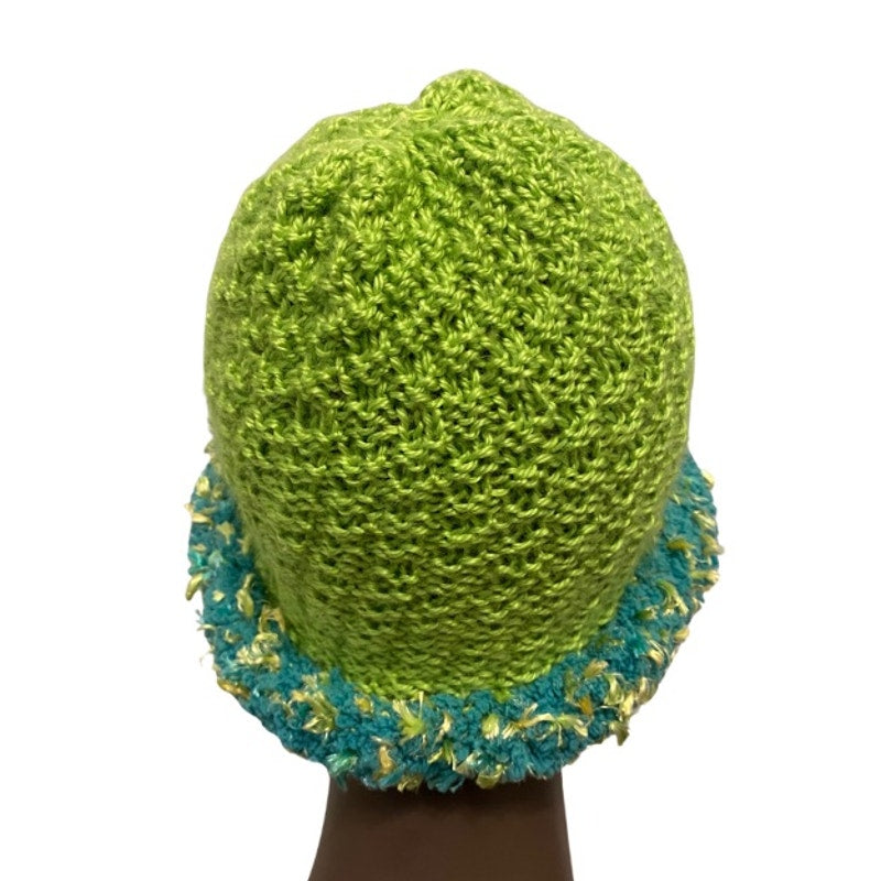 Mossy Lime Green & Teal Fuzzy Trim Bucket Hat (L)