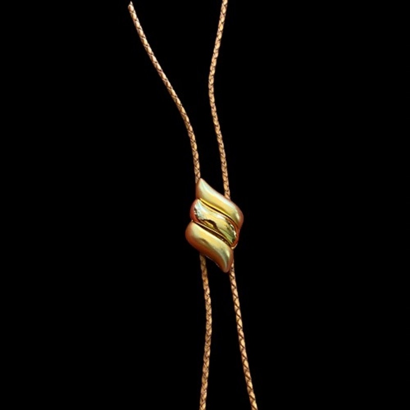 Shiny & Matte Gold Toned Chunky Swirl Camel Brown Leather Cord Bolo Tie