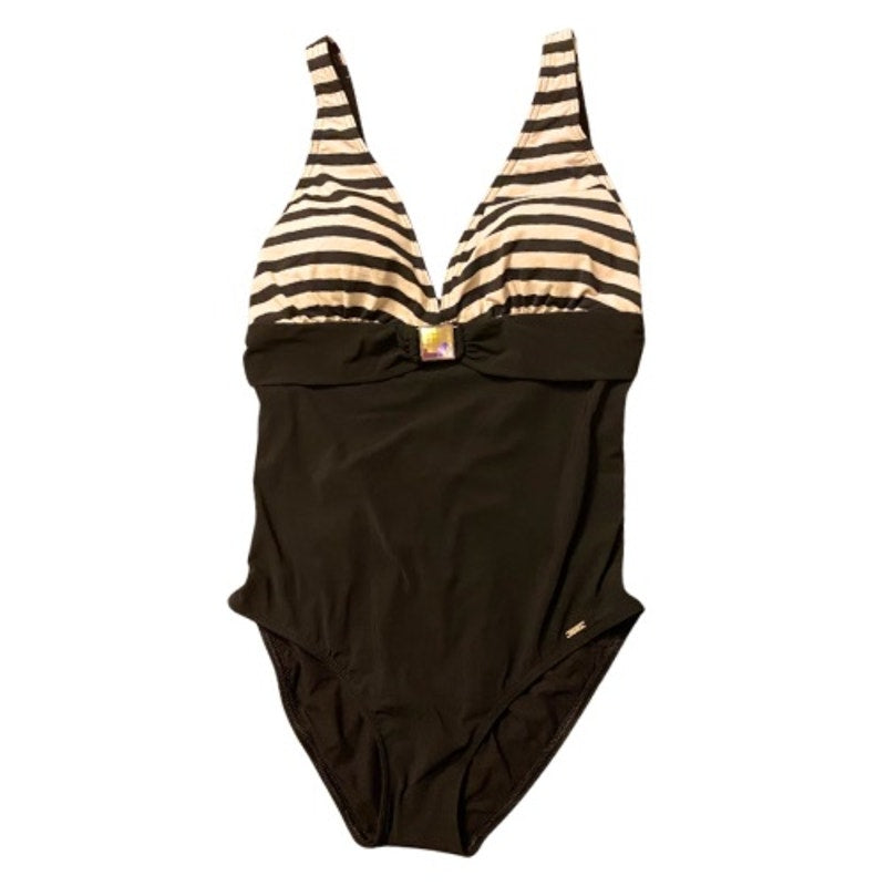 NWT Livia Monte Carlo White/Black Striped One Piece w/ Square Rainbow Disco Prism Accent (L)