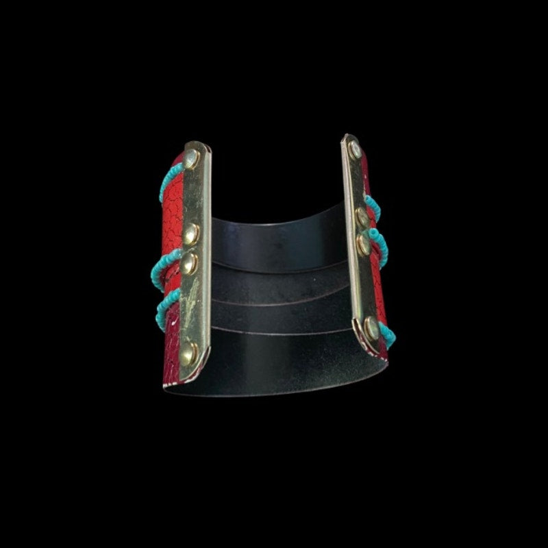 Upcycled Vintage Turquoise Beaded Red & Magenta Pleather Cuff Bracelet