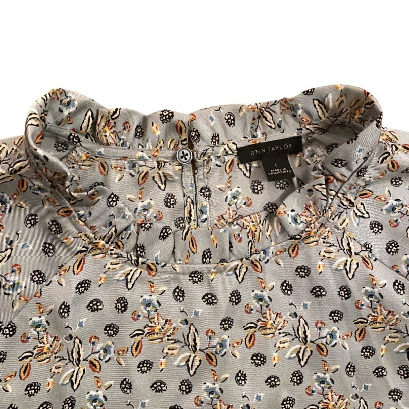 Ann Taylor Ruffle Icy Blue Harvest Floral Print Long-sleeve Blouse (L)