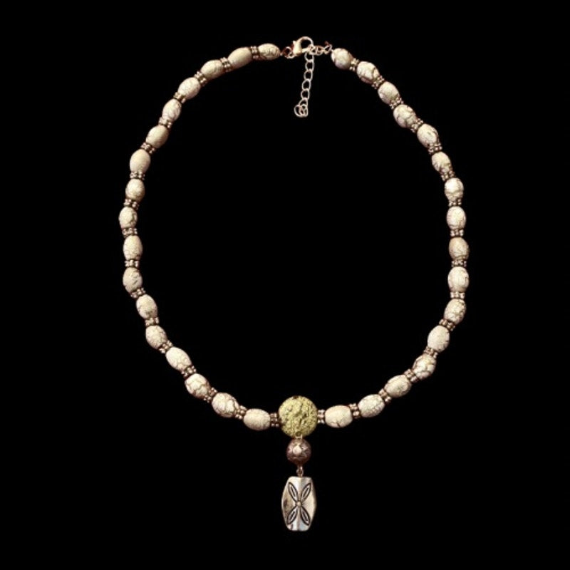 Upcycled Mint Green Marble & Silver Toned Metal Beaded Pendant Necklace