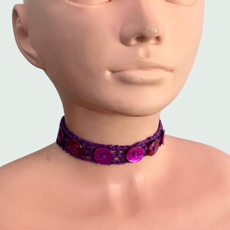 Magenta Purple Shell Button Embellished Purple Handknit Cotton Choker Necklace