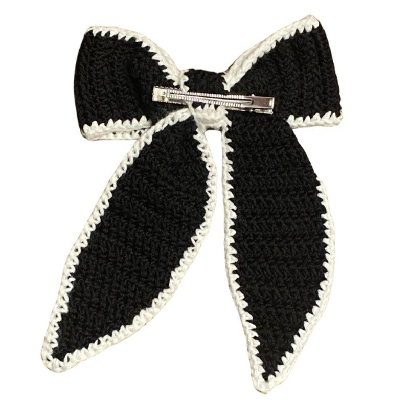 Black Crochet Bow with Cream Trim - Handmade Accessory with Removable Clip