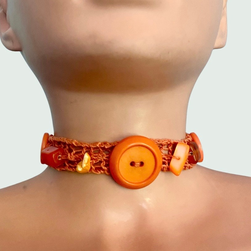 Orange Button Embellished Handknit Cotton Choker Necklace