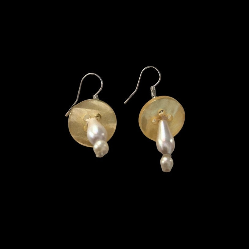 Yellow Vintage Pearl Bead & Button Mushroom Earrings