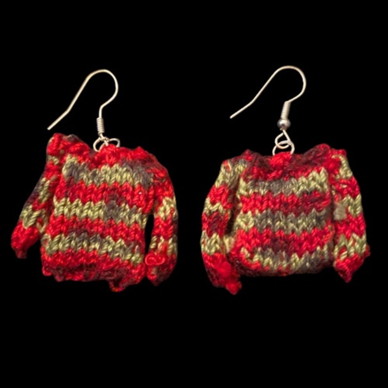 KRUEGER Red & Green Striped Sweater Earrings | Handknit with Cotton Thread
