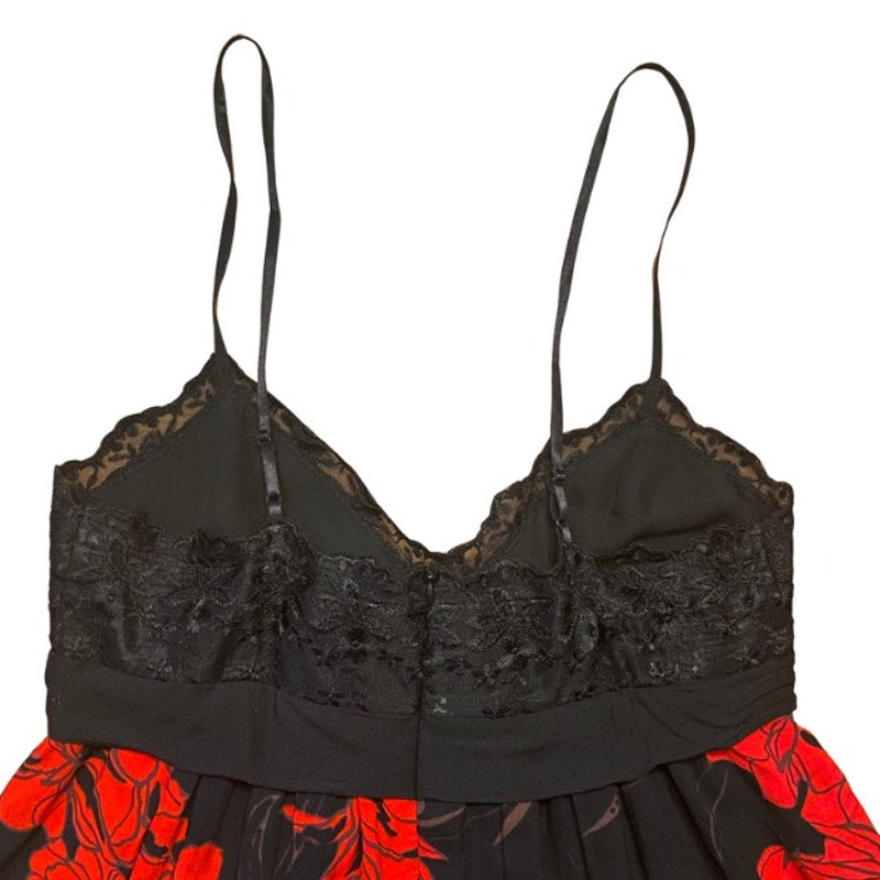90’s Lacey Bust Black and Red Floral Babydoll Spaghetti Strap Dress (M)
