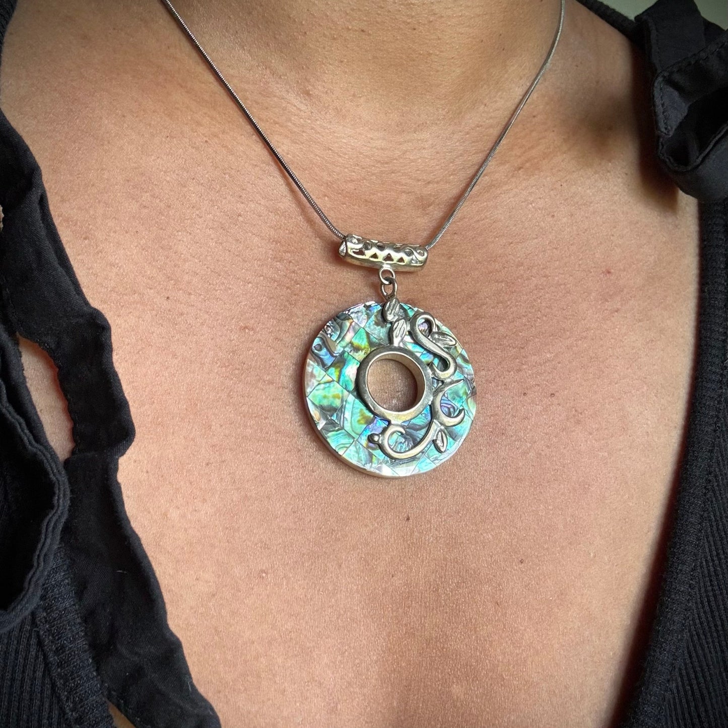 Fantastical Holographic Round Abalone Shell Mosaic Silver Vines Pendant Necklace