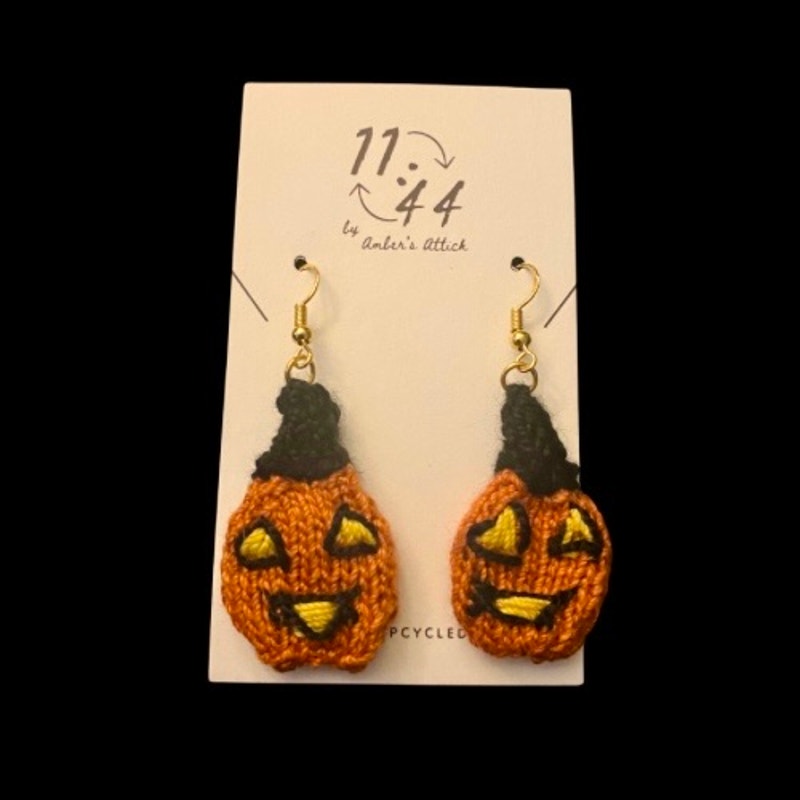 Witchy Jack O’ Lantern Handknit Cotton Earrings