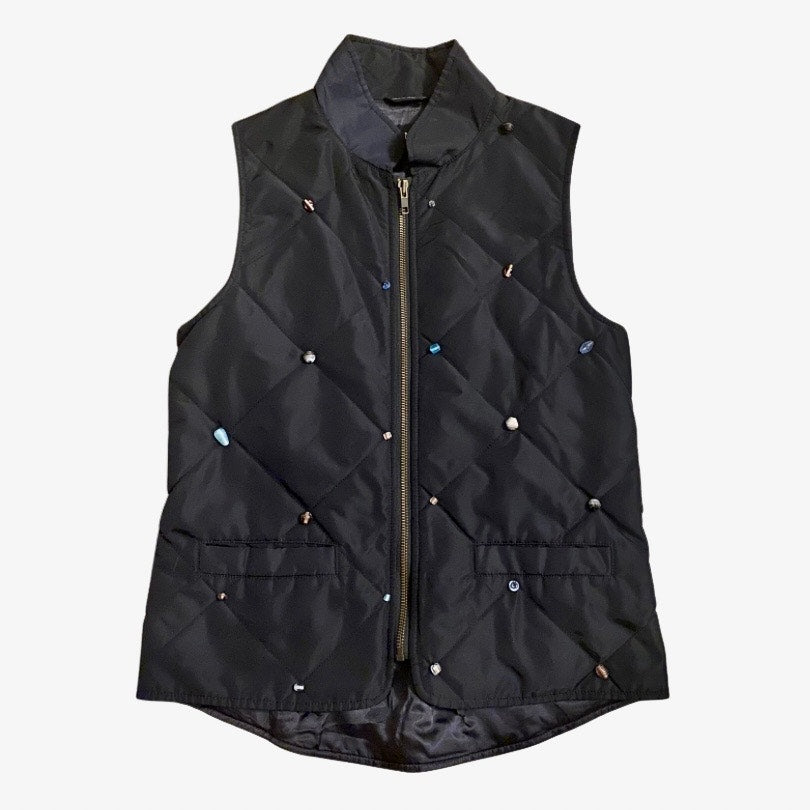 Upcycled Navy Blue, Purple Bead Embellished Quilted Vest (S)