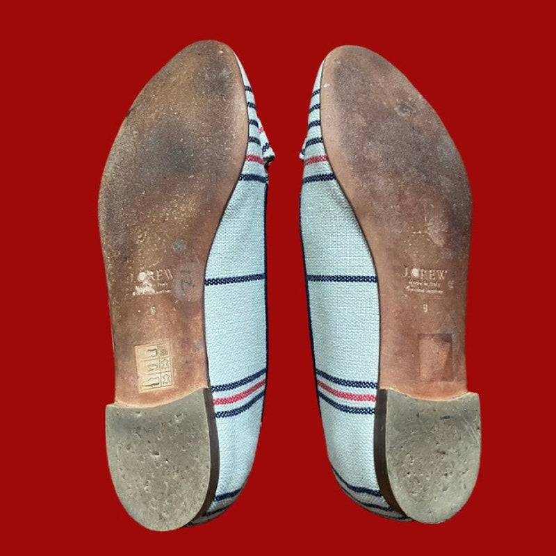 J. Crew White Blue & Red Woven Bow Detail Striped Canvas Leather Loafers (8)