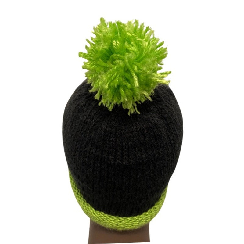 Black & Lime Green Pom Pom Knit Beanie (L)