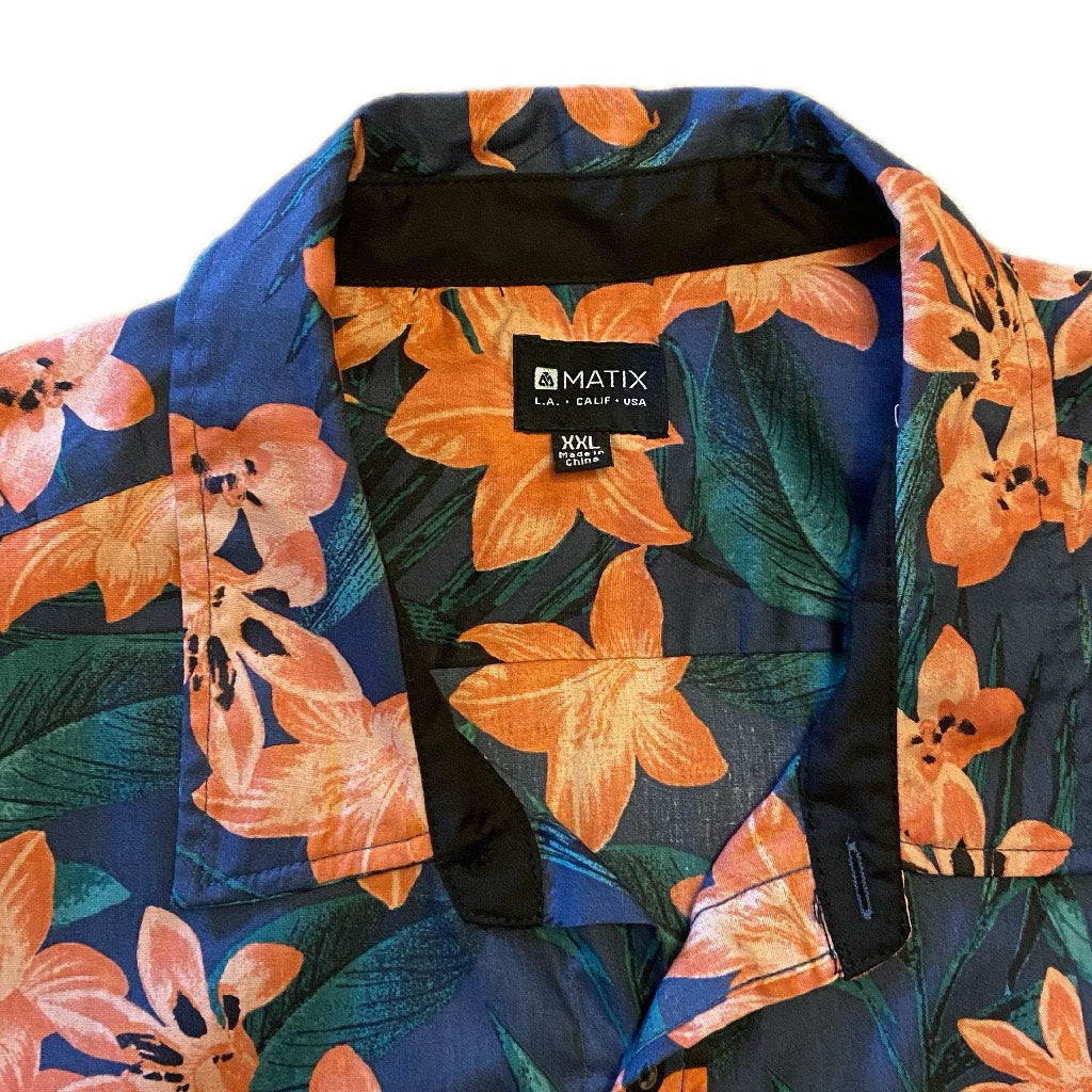 NWT Dark Blue & Orange Hibiscus Print Button Down Shirt (XXL)