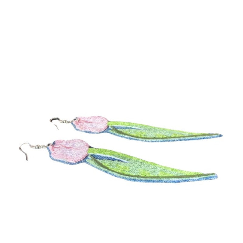 Upcycled Vintage Pink Tulip Embroidered Patch + Denim Earrings