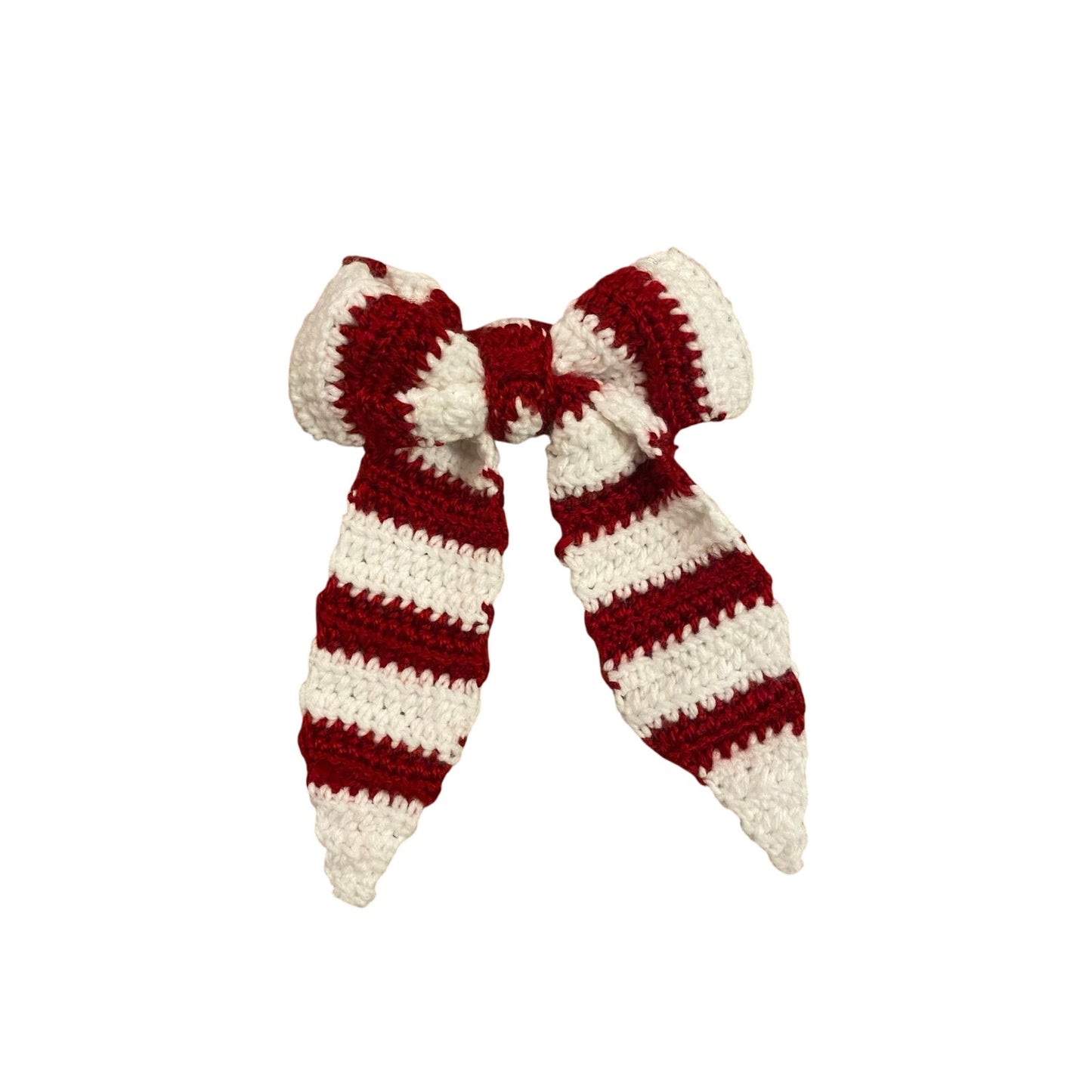 Candy Cane Red & Cream Striped Crochet Bow - Handmade Accessory with Removable Clip
