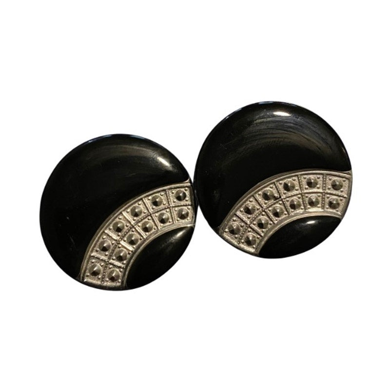 Vintage Art Deco Black and Silver Enamel Disc Earrings