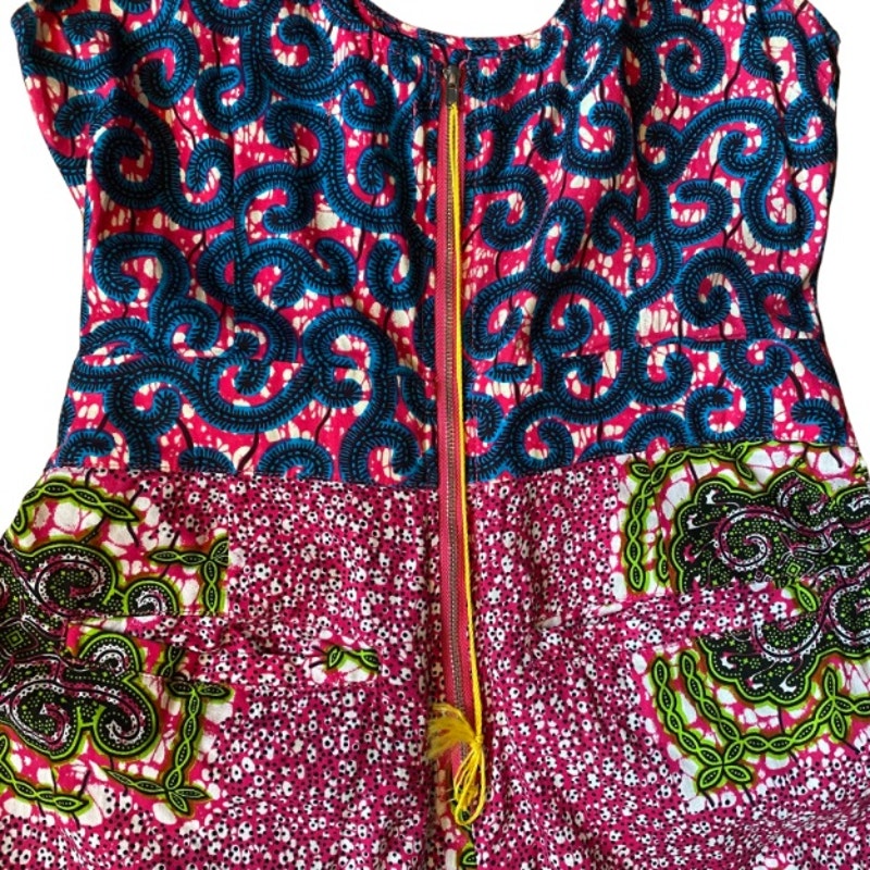 Vibrant Hot Pink, Royal Blue, Lime Green Abstract Ankara Print Wide-Legged Sleeveless Cotton Jumpsuit (M)
