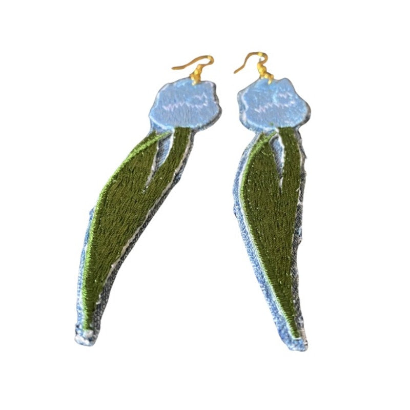 Upcycled Vintage Blue Tulip Embroidered Patch + Denim Earrings