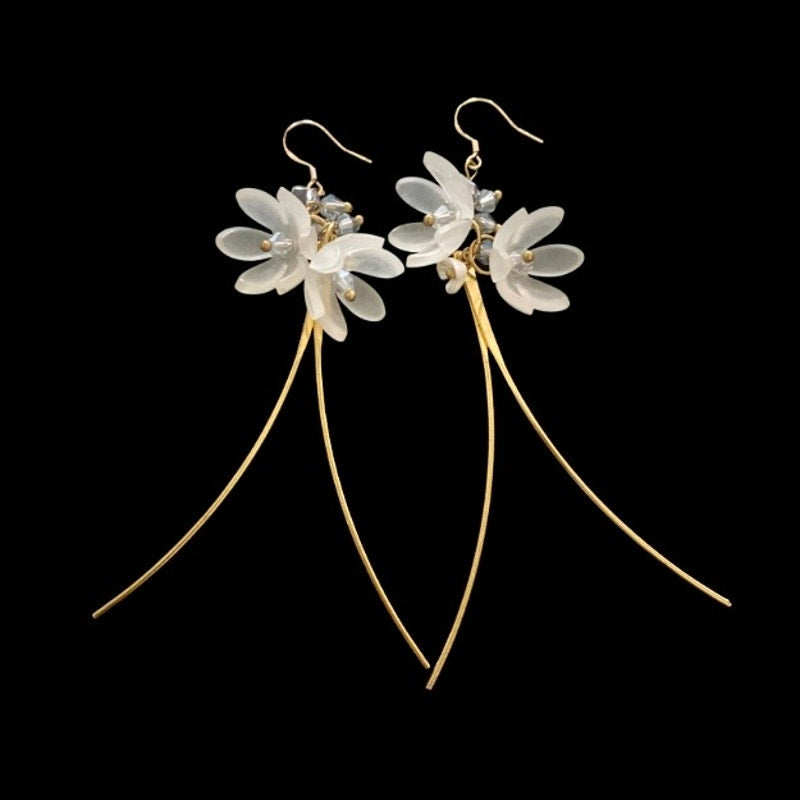 Frosted Acrylic Crystal Bead Flower Blossom Gold Dangle and Drop Earrings