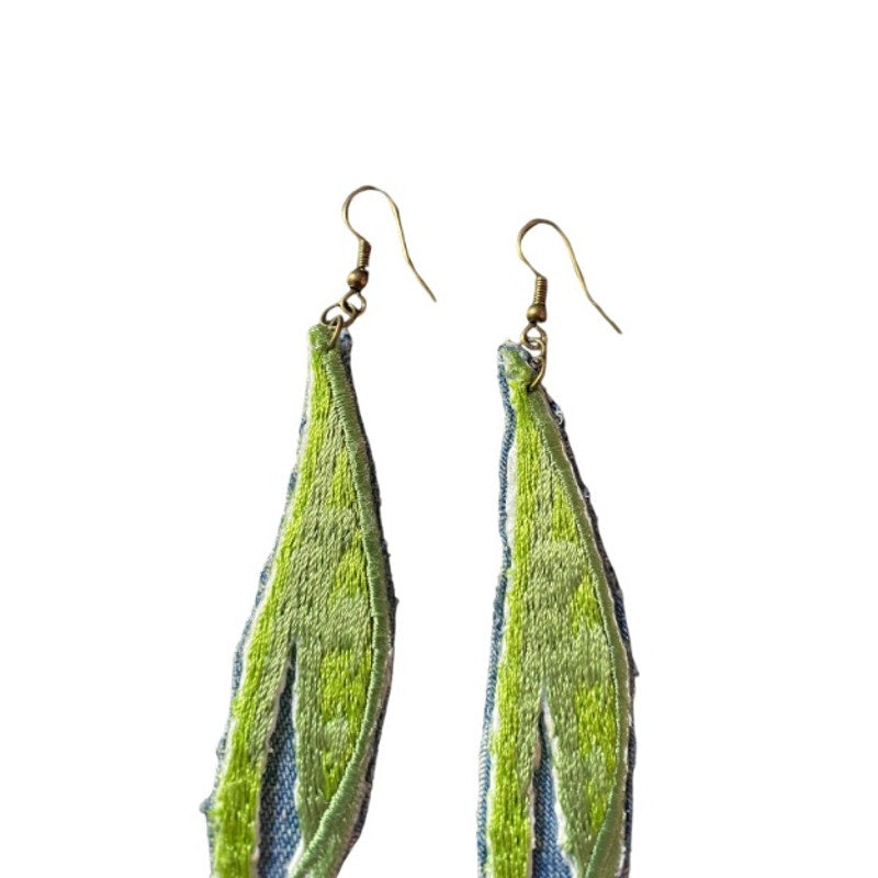 Upcycled Vintage Yellow Tulip Embroidered Patch + Denim Earrings (Upside Down)