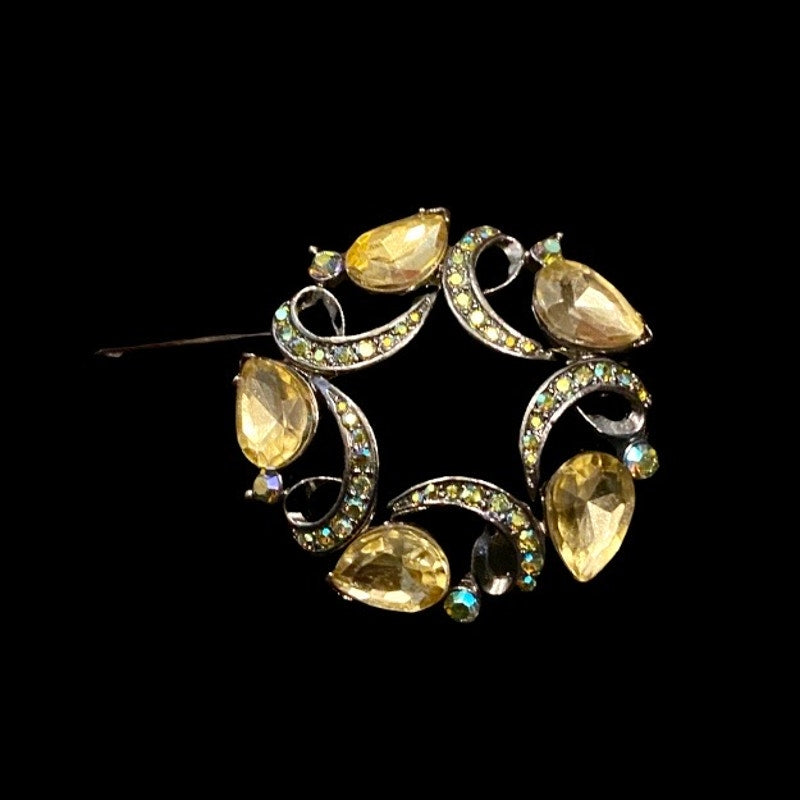 Anne Klein Yellow Crystal Rhinestone Studded Pewter Wreath Pin