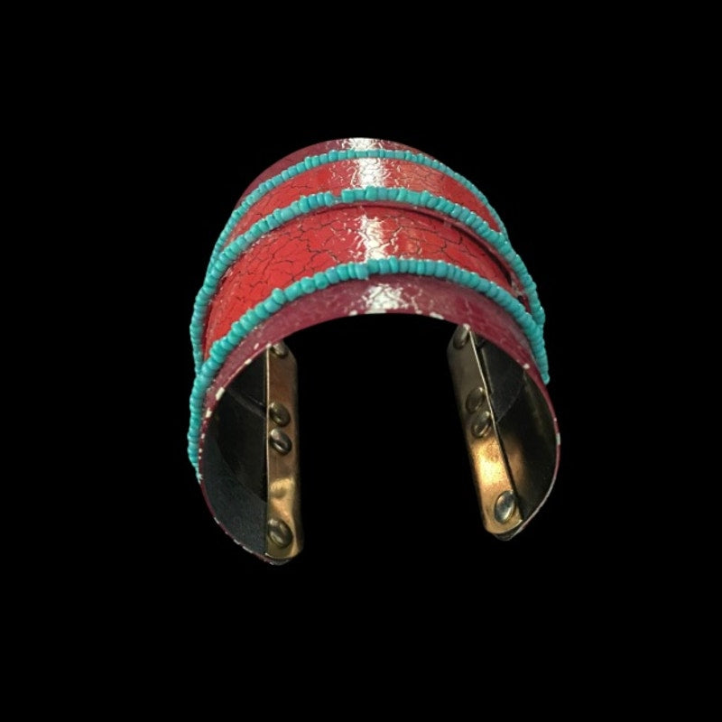 Upcycled Vintage Turquoise Beaded Red & Magenta Pleather Cuff Bracelet
