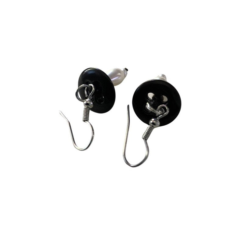 Dark Brown Vintage Pearl Bead & Button Mushroom Earrings (Silver)