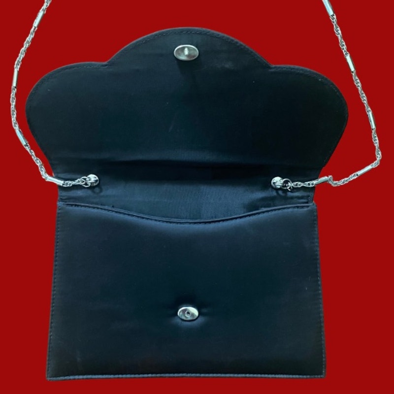 Vintage Black Satin Evening Bag with Silver Fan Decal and Chain Shoulder Strap