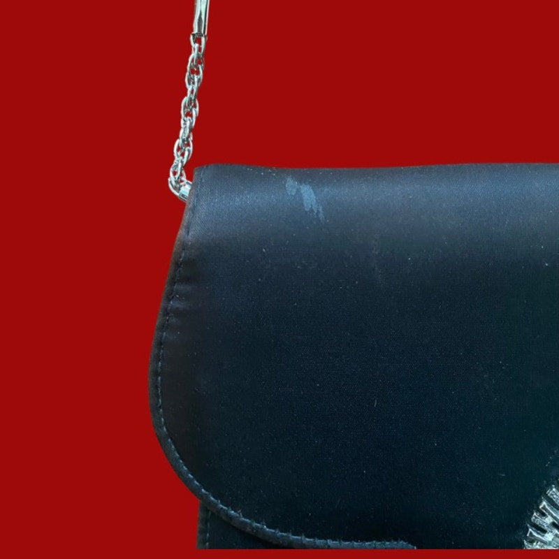 Vintage Black Satin Evening Bag with Silver Fan Decal and Chain Shoulder Strap