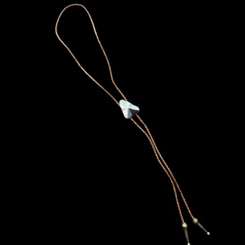 Abstract Cream/Grey/Dark Purple Triangle Camel Brown Leather Cord Bolo Tie