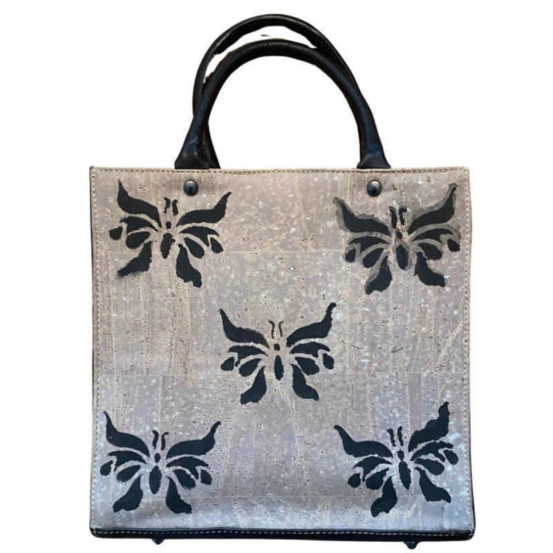 Upcycled Painted Black/Greige Butterfly Cork & Leather Handbag
