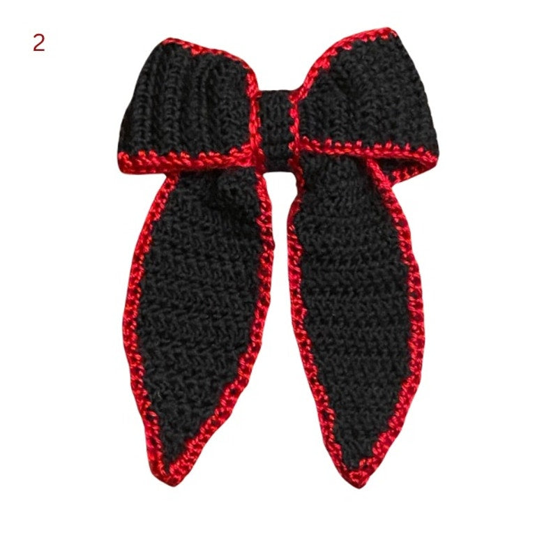 Black Crochet Bow with Red Trim - Handmade Accessory with Removable Clip